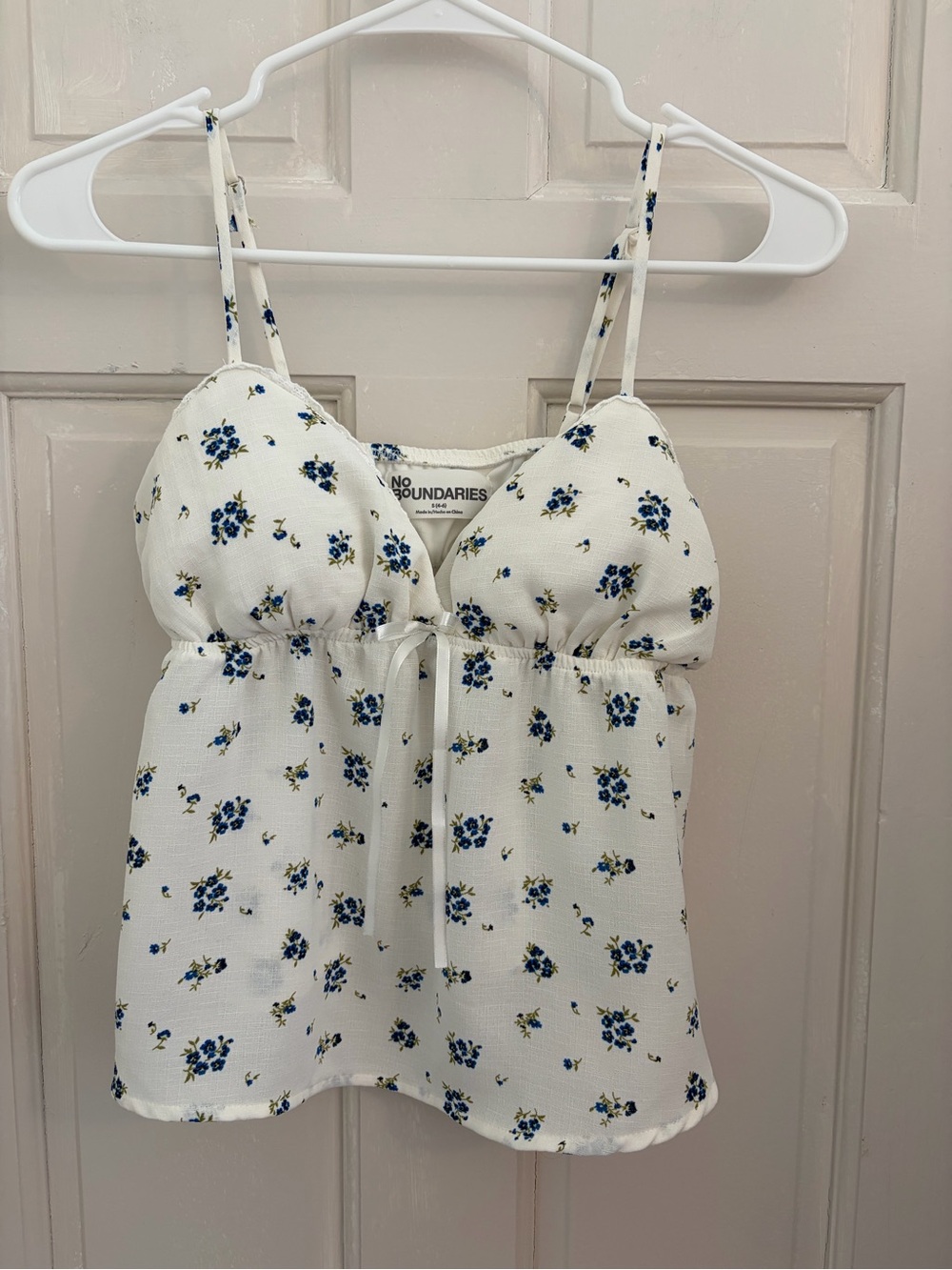 Babydoll Tank Top White/Blue Floral ribbon coquette Y2K sewn in bra pads size S